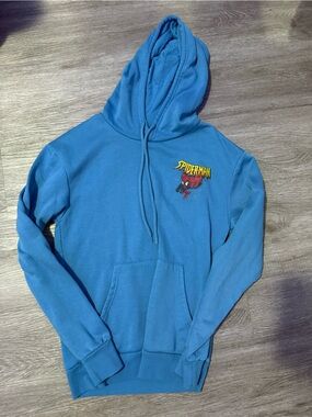 blue embroidered spider-man hoodie